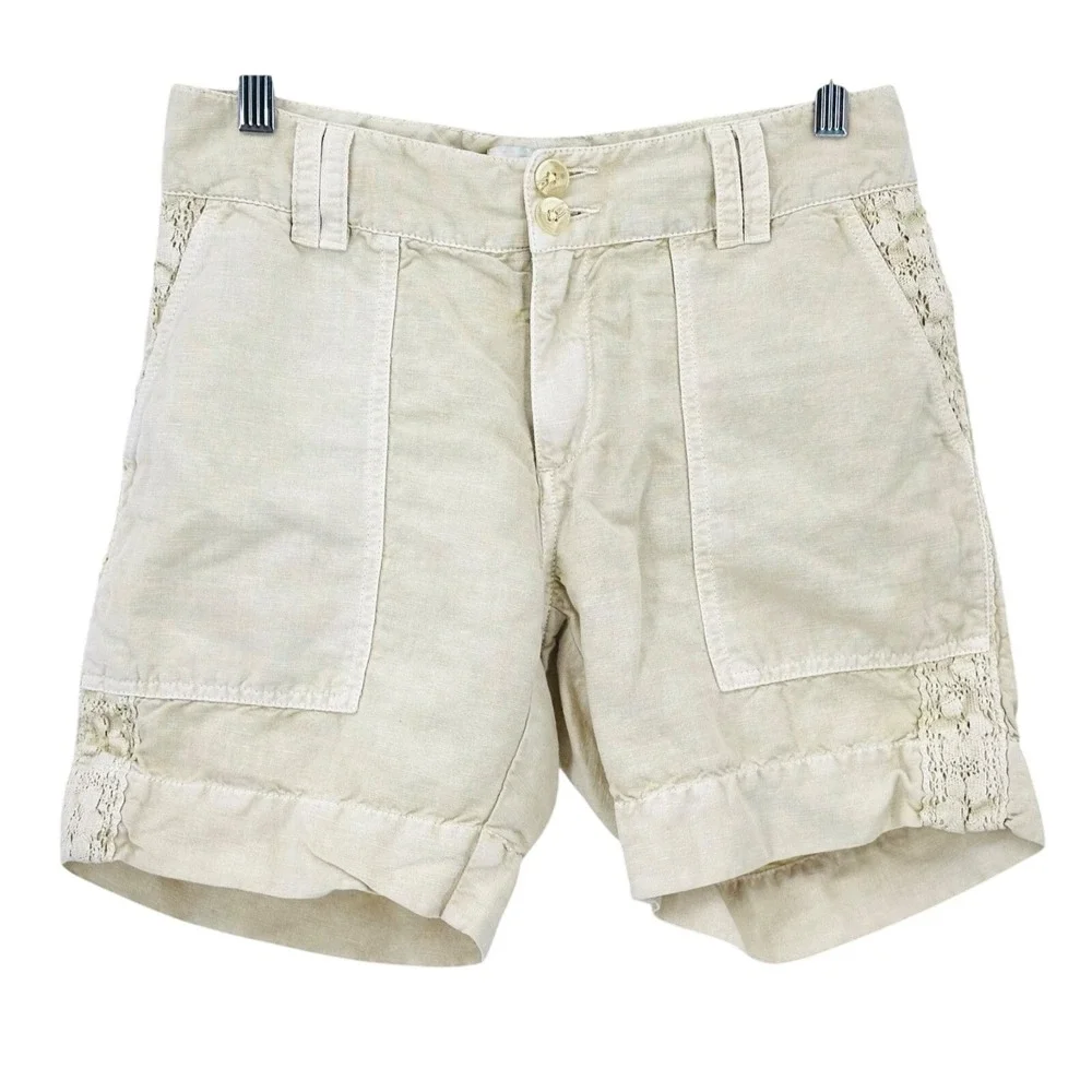 SUNDANCE Linen Blend Shorts Sandy‎ Beige Crochet Lace Trim 6